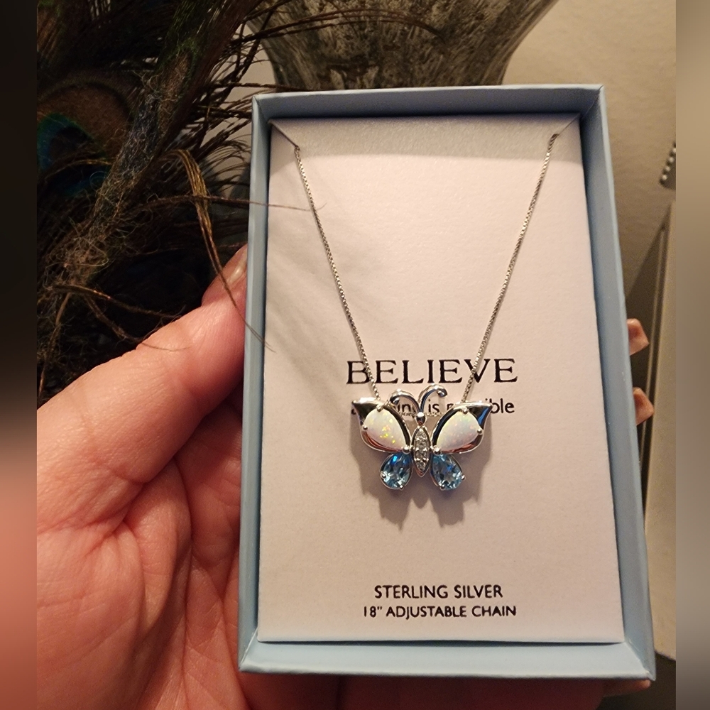 Brand NEW Sterling silver blue topaz and Opal butterfly pendant necklace - Picture 2 of 3